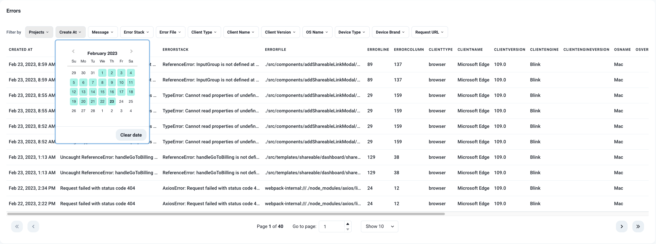 TheBugging errors list
